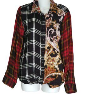 New Direction Funky Button Up Shirt Womens Lg fits like Med Plaid